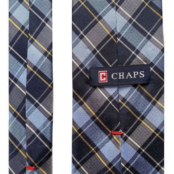 Mens Chaps Tie Blue Yellow Plaid Checkered Silk Necktie 3.25" Wide 57" Long - Picture 4 of 4